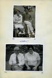 "Vierwaldstättersee-Fahrt Flüelen-Luzern des Schwerhörigen-Vereins Zürich am 23. Juni 1974" - "Gut gelaunt"; oben: zwei Mitglieder des SVZ auf einer Sitzbank; unten: Max Schmied und ein weiteres Mitglied des SVZ auf einer Sitzbank