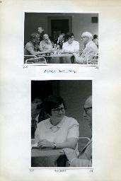 "Vierwaldstättersee-Fahrt Flüelen-Luzern des Schwerhörigen-Vereins Zürich am 23. Juni 1974" - "Diskrete Beobachterin"; oben: Max Schmied (rechts) und zwei weitere Mitglieder des SVZ sitzen an einem Tisch in einer Gartenwirtschaft; unten: detaillierterer Ausschnitt des oberen Bildes; eine Frau blickt zur Seite