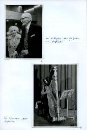 "Weihnachtsfeier des Schwerhörigen-Vereins Zürich im Kirchgemeindehaus Stauffacher am 14. Dezember 1975" - oben: "Herr W. Wagner und Frau Pfarrerin Spahn, zwei 'Altgediente'" - unten: "Fräulein Hürlimann, 'unsere' Harfenistin'"