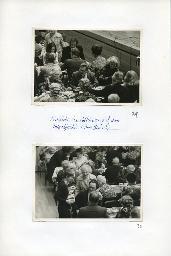 "Weihnachtsfeier des Schwerhörigen-Vereins Zürich im Kirchgemeindehaus Stauffacher am 14. Dezember 1975" - "Einblicke ins Publikum mit dem Teleobjektiv (ohne Blitz!)"; Mitglieder des SVZ sitzen an gedeckten Tischen und unterhalten sich; unten: Gigi Ménard steht am Tischende und unterhält sich