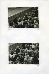 "Weihnachtsfeier des Schwerhörigen-Vereins Zürich im Kirchgemeindehaus Stauffacher am 14. Dezember 1975" - Mitglieder des SVZ sitzen an gedeckten Tischen und unterhalten sich; unten: Gigi Ménard steht mit zwei Krügen in den Händen zwischen den Tischen und unterhält sich mit einer älteren Frau