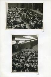 "Weihnachtsfeier des Schwerhörigen-Vereins Zürich im Kirchgemeindehaus Stauffacher am 14. Dezember 1975" - Mitglieder des SVZ sitzen an gedeckten Tischen und unterhalten sich