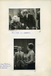 "Weihnachtsfeier des Schwerhörigen-Vereins Zürich im Kirchgemeindehaus Stauffacher am 14. Dezember 1975" - oben: "Frau Stalder wird unterhalten"; Frau Stalder im Gespräch mit einem Mann; unten: "Unser Faktotum, Herr Oberholzer, mit Fräulein Hürlimann"