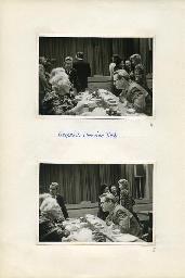 "Weihnachtsfeier des Schwerhörigen-Vereins Zürich im Kirchgemeindehaus Stauffacher am 14. Dezember 1975" - "Gespräch über den Tisch"; zwei Mitglieder des SVZ sitzen an gedeckten Tischen und unterhalten sich; im Hintergrund weitere Personen in Gesprächen