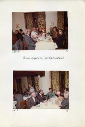 "Zentralkurs des BSSV (Bund Schweizerischer Schwerhörigen-Vereine), 9.-21. Oktober 1977 im Johanniterhof Luzern - Ausflug auf den Rigi, Mittwoch, 19. Oktober 1977 (am Morgen ausgefallene Stunde wurde abends nachgeholt.)" - "Beim Nachtessen am Schlussabend"; Kursteilnehmer sitzen an gedeckten Tischen