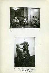 "Zentralkurs des BSSV (Bund Schweizerischer Schwerhörigen-Vereine), 9.-21. Oktober 1977 im Johanniterhof Luzern - Ausflug auf den Rigi, Mittwoch, 19. Oktober 1977 (am Morgen ausgefallene Stunde wurde abends nachgeholt.)" - oben: zwei Kursteilnehmer und B. Schuhmann am Klatschen und Lachen; unten: "Herr Ott spielt pantominisch den Portraitphotographen"; Kurt Hürlimann sitzt auf einem Stuhl und Leonhard Ott korrigiert seine Kopfhaltung