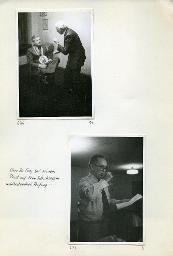 "Zentralkurs des BSSV (Bund Schweizerischer Schwerhörigen-Vereine), 9.-21. Oktober 1977 im Johanniterhof Luzern - Ausflug auf den Rigi, Mittwoch, 19. Oktober 1977 (am Morgen ausgefallene Stunde wurde abends nachgeholt.)" - Kurt Hürlimann sitzt mit überschlagenen Beinen auf einem Stuhl und blickt vor ihm stehenden Leonhard Ott an; unten: "Herr Dr. Frey bei seinem Prost auf Frau Schuhmanns wohlbestandene Prüfung..."; Karl Frey mit einem Weinglas und einem Blatt Papier in den Händen