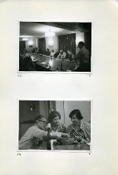 "Zentralkurs des BSSV (Bund Schweizerischer Schwerhörigen-Vereine), 9.-21. Oktober 1977 im Johanniterhof Luzern - Ausflug auf den Rigi, Mittwoch, 19. Oktober 1977 (am Morgen ausgefallene Stunde wurde abends nachgeholt.)" - oben: Karl Frey während dem Vorlesen seiner Schnitzelbank; unten: Karl Frey zeigt auf eine Stelle auf dem Papier, das B. Schumann hält