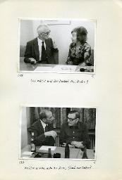 "Zentralkurs des BSSV (Bund Schweizerischer Schwerhörigen-Vereine), 9.-21. Oktober 1977 im Johanniterhof Luzern - Ausflug auf den Rigi, Mittwoch, 19. Oktober 1977 (am Morgen ausgefallene Stunde wurde abends nachgeholt.)" - oben: "Was erklärt wohl Herr Wieland Frau Bader?"; Herr Wieland und Katarina Brunner-Molnar im Gespräch; unten: "Worüber sprechen wohl die Herren Staub und Notter?"; Walther Staub und Paul Notter im Gespräch