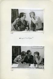 "Zentralkurs des BSSV (Bund Schweizerischer Schwerhörigen-Vereine), 9.-21. Oktober 1977 im Johanniterhof Luzern - Ausflug auf den Rigi, Mittwoch, 19. Oktober 1977 (am Morgen ausgefallene Stunde wurde abends nachgeholt.)" - "Was gibts Lustiges?" - Kurt Hürlimann im Gespräch mit zwei Frauen