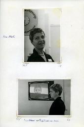 "Der Schwerhörigen-Verein Zürich an der Ersten Senioren-Messe in der Züspa-Halle, 8.-17. Mai 1981" - oben: Gigi Ménard; unten: "Frau Ménard im Profil und von vorn"; Gigi Ménard mit Fernsehgerät im Hintergrund, auf dem ein Video mit ihr abgespielt wird