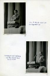 "Der Schwerhörigen-Verein Zürich an der Ersten Senioren-Messe in der Züspa-Halle, 8.-17. Mai 1981" - oben: "Herr Dr. Bleuler hört sich die Fragesteller an"; Karl Bleuler am Rednerpult; unten: "Schlusswort und Einführung von Frau Ménard durch Herrn Morath"