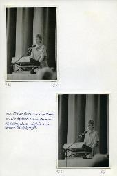 "Der Schwerhörigen-Verein Zürich an der Ersten Senioren-Messe in der Züspa-Halle, 8.-17. Mai 1981" - "Aus Platzgründen hält Frau Ménard nur ein Referat über die Abseh- und Hörtrainingskurse - statt der vorgesehenen Uebungsgruppe."; Gigi Ménard am Rednerpult