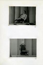 "Der Schwerhörigen-Verein Zürich an der Ersten Senioren-Messe in der Züspa-Halle, 8.-17. Mai 1981" - oben: eine Frau am Rednerpult; unten: ein Mann am Rednerpult