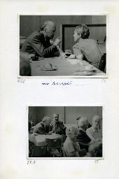 "Der Schwerhörigen-Verein Zürich an der Ersten Senioren-Messe in der Züspa-Halle, 8.-17. Mai 1981" - "Beim Fachsimpeln?"; oben: Hans Petersen und Gigi Ménard im Gespräch; unten: Hans Petersen im Gespräch mit W. Morath und einer weiteren Person