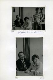 "Der Schwerhörigen-Verein Zürich an der Ersten Senioren-Messe in der Züspa-Halle, 8.-17. Mai 1981" - "Gut gelaunt, leider etwas unscharf eingestellt."; oben: Heinz Streit (Leiter der Hörmittelzentrale) und eine Frau sitzen an einem Tisch, rechts ein junger Mann mit Geschirr in den Händen; unten: Grossaufnahme von Heinz Streit und der Frau