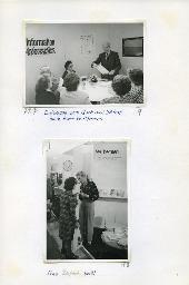 "Der Schwerhörigen-Verein Zürich an der Ersten Senioren-Messe in der Züspa-Halle, 8.-17. Mai 1981" - oben: "Einführung zum Abseh- und Hörtest durch Herrn Dr. Petersen"; Hans Petersen spricht zu Testteilnehmerinnen; unten: "Frau Zajfert berät"; Stefi Zajfert berät eine Interessierte am Messestand
