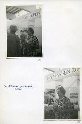 "Der Schwerhörigen-Verein Zürich an der Ersten Senioren-Messe in der Züspa-Halle, 8.-17. Mai 1981" - Frau Allemann am Messestand des SVZ; unten: "Frl. Allemanns gewinnendes Lächeln"