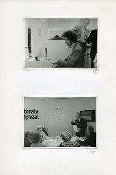"Der Schwerhörigen-Verein Zürich an der Ersten Senioren-Messe in der Züspa-Halle, 8.-17. Mai 1981" - oben: ein Hörmittelberater bei der Erstellung eines Audiogramms; unten: Hans Petersen während der Einführung zu einem Abseh- und Hörtest, Testteilnehmer sitzen um einen runden Tisch