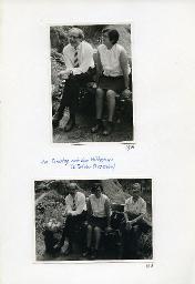"Einige Schnappschüsse an der Exkursion ins Lötschental des Schwerhörigen-Vereins Zürich, 24.-25. August 1974" - "Am Sonntag nach dem Mittagessen (2. Teil der Prozession); oben: Prof. Bachmann mit einer Frau auf einer Sitzbank sitzend; unten:  Prof. Bachmann mit zwei Frauen auf einer Sitzbank sitzend