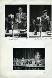 "Generalversammlung Schwerhörigen-Verein Zürich, 14.05.1984" - oben links: Heinz Streit mit Mikrofon in der Hand, im Hintergrund Peter Strebel (Präsident SVZ); oben rechts: Herr Boller mit Mikrofon in der Hand, im Hintergrund Peter Strebel; unten: Gigi Ménard hinter dem Mikrofon stehend, neben ihr sitzen mehrere Personen