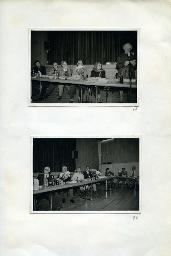 "Generalversammlung Schwerhörigen-Verein Zürich, 14.05.1984" - oben: eine ältere Frau während einer Rede, neben ihr sitzen Peter Strebel (1. v. l.) und vier weitere Personen; unten: Teilnehmer der GV sitzen nebeneinander an Tischen