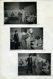 "Generalversammlung Schwerhörigen-Verein Zürich, 14.05.1984" - oben: Rednerin übergibt Walter Marty Blumen und ein Geschenk; Mitte: Peter Strebel steht neben Gratulantin und Walter Marty; unten: Peter Strebel und Walter Marty im Gespräch