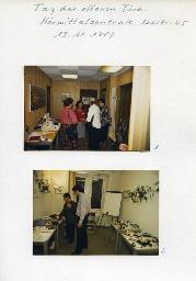 "Tag der offenen Türe, Hörmittelzentrale Seestrasse 45, 13.11.1987" - oben: Mitarbeiterinnen sprechen mit Besuchern; unten: zwei Mitarbeiter in einem Raum mit Ausstellungsmodellen von Hörhilfsmitteln beim Ausprobieren von einem Telefon