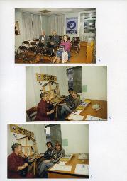 "Tag der offenen Türe, Hörmittelzentrale Seestrasse 45, 13.11.1987" - oben: drei Besucher sitzen auf Klappstühlen; Mitte + unten: zwei Mitarbeiterinnen und eine Besucherin sitzen um Tisch mit Schreibtelefonen