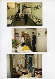 "Tag der offenen Türe, Hörmittelzentrale Seestrasse 45, 13.11.1987" - oben: zwei Mitarbeiter in einem Raum mit Ausstellungsmodellen von Hörhilfsmittel; Mitte: zwei Mitarbeiter im Gespräch mit einem Besucher; unten: zwei Besucherinnen am Kaffee trinken an einem gedeckten Tisch und mit einer Mitarbeiterin im Gespräch