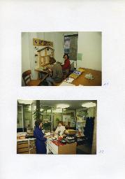 "Tag der offenen Türe, Hörmittelzentrale Seestrasse 45, 13.11.1987" - oben: zwei Mitarbeiterinnen an einem Tisch mit "Schreibtelefonen für Gehörlose"; unten: zwei Mitarbeiterinnen stehen an einer Theke