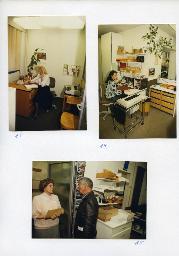 "Tag der offenen Türe, Hörmittelzentrale Seestrasse 45, 13.11.1987" - oben: Mitarbeiterinnen am Arbeitsplatz am Telefonieren; unten: eine Mitarbeiterin mit einer Akte in der Hand im Gespräch mit einem Besucher