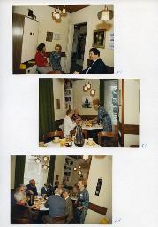 "Tag der offenen Türe, Hörmittelzentrale Seestrasse 45, 13.11.1987" - oben: drei Mitarbeiter im Gespräch; Mitte: zwei Besucherinnen am Kaffee trinken an einem gedeckten Tisch, eine Mitarbeiterin verköstigt sie; unten: Besucher am Kaffee trinken an gedeckten Tischen