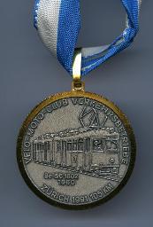 "Velo-Moto-Club Verkehrsbetriebe, Zürich, 1991 105 KM" Medaille mit BE 6/6 1802, 1960, mit blau-weissem Band