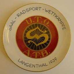 Teller aus Glas, "Saal-Radsport-Wettkämpfe. Langenthal 1939"