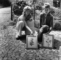 Zwei Kinder zeigen zwei gerahmten Pflanzensorten (Herbarium)