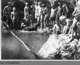 Der Spielkamerad - Knaben mit Badeanzug spielen bei einem Fluss (vermutlich) - Hund im Wasser