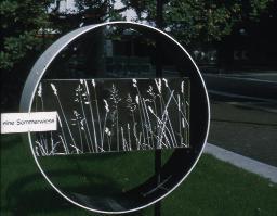 SAFFA 1958: "Freuden, die nichts kosten - Sommerwiese" - Eisenring mit Bild von Grashalmen in Mitte; Zürich