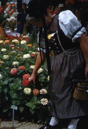 SAFFA 1958: "Toggenburg" - Frau in Toggenburger Sonntagstracht beim Betrachten von Blumen; Zürich