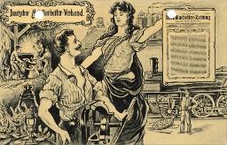 Karte des Deutschen Metallarbeiter-Verbands. Mann an Maschine und Frau mit Metallarbeiter-Zeitung und Schärpe: "Organisation". Daneben Arbeitsszenen.