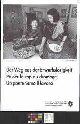 "Der Weg aus der Erwerbslosigkeit. Passer le cap du chômage. Un ponte verso il lavoro. Schweizerisches Arbeiterhilfswerk SAH. Oeuvre suisse d'entraide ouvrière OSEO. Soccorso operaio svizzero SOS", um 1980