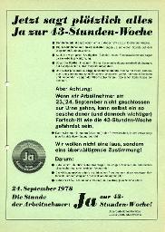 "Jetzt sagt plötzlich alles Ja zur 43-Stunden-Woche - 24. September 1978; Die Stunde der Arbeitnehmer" - Überparteiliches Komitee