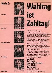 "Wahltag ist Zahltag! - Karl Eberli, Heiri Gross, Irene Müller-Bertschi, Peter Macher, Elsbeth Bade auf Liste 13 im Kreis 3" - VPOD-Sektion Zürich-Städtische, um 1975
