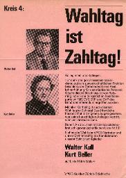 "Wahltag ist Zahltag! - Walter Kull, Kurt Beller auf Liste 13 im Kreis 4" - VPOD-Sektion Zürich-Städtische, um 1975