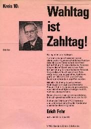 "Wahltag ist Zahltag! - Erich Fehr auf Liste 13 im Kreis 10" - VPOD-Sektion Zürich-Städtische, um 1975