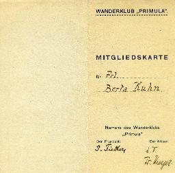"Wanderclub Primula", Mitgliedskarte Frl. Berta Kuhn, 1921-1922