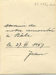 Rückseite: "Souvenir de notre rencontré à Bâle" , unbekannter Mann (Jean) in Anzug und Kravatte, Porträt, 1947