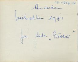 Rückseite: "Für lieben 'Böbeli'", Gerard und Thea Kuiper Arm in Arm; in Wohnung an Weihnachten 1981