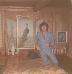 Bob Steffen im Jeansanzug im Bauernhaus in Niedermuhlern, vor Pfauenparavent, 1973