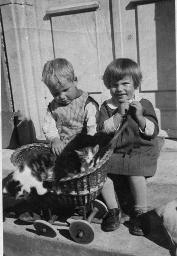 Bob Steffen als zweijähriger mit seiner Schwester, Katze in «Bäbiwagen», 1930